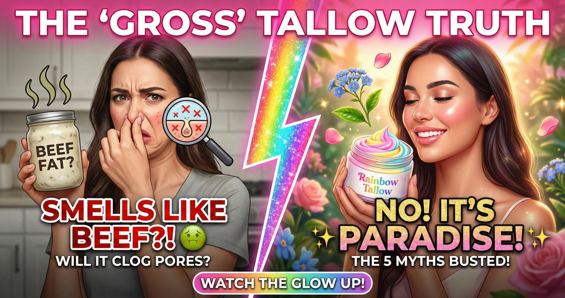 Woman looking disgusted holding a jar labeled "Beef Fat?" with text "Smells Like Beef?". Right: The same woman glowing and smiling holding a Rainbow Tallow jar with text "No! It's Paradise! The 5 Myths Busted!