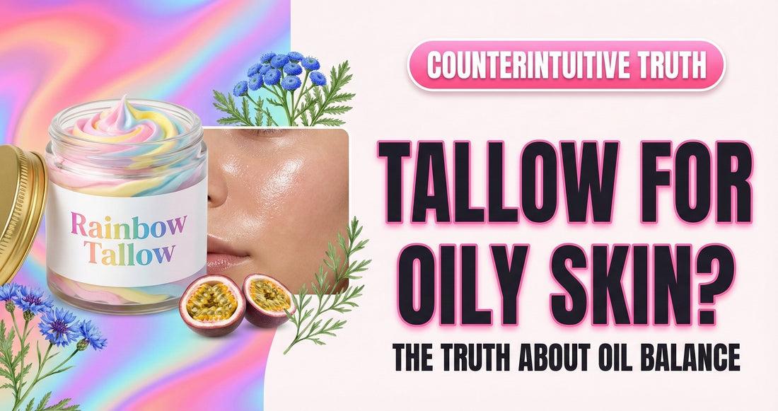 Rainbow Tallow jar beside a close-up of balanced, healthy skin — illustrating how bio-identical tallow fatty acids can help regulate oily skin rather than worsen it