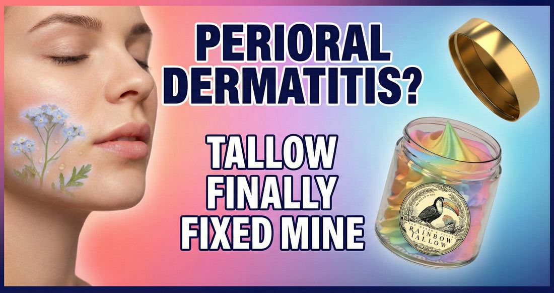 Rainbow Tallow blog thumbnail showing calm facial skin with Blue Tansy botanicals and grass-fed tallow balm for perioral dermatitis barrier repair