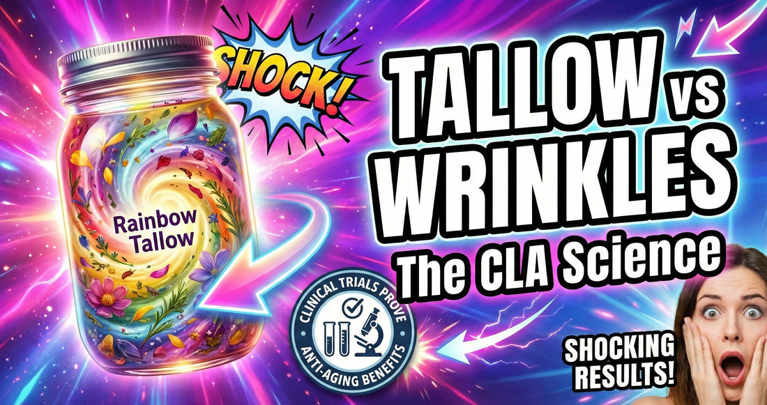 Rainbow Tallow blog header showing grass-fed tallow anti-aging benefits with CLA science for wrinkle reduction and skin longevity