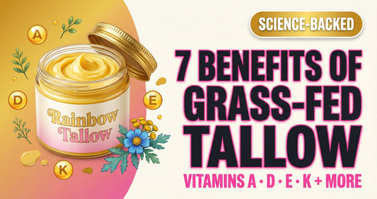 Open Rainbow Tallow jar with golden grass-fed tallow surrounded by botanicals — science-backed benefits of grass-fed tallow including vitamins A, D, E, K, CLA, and omega-3s