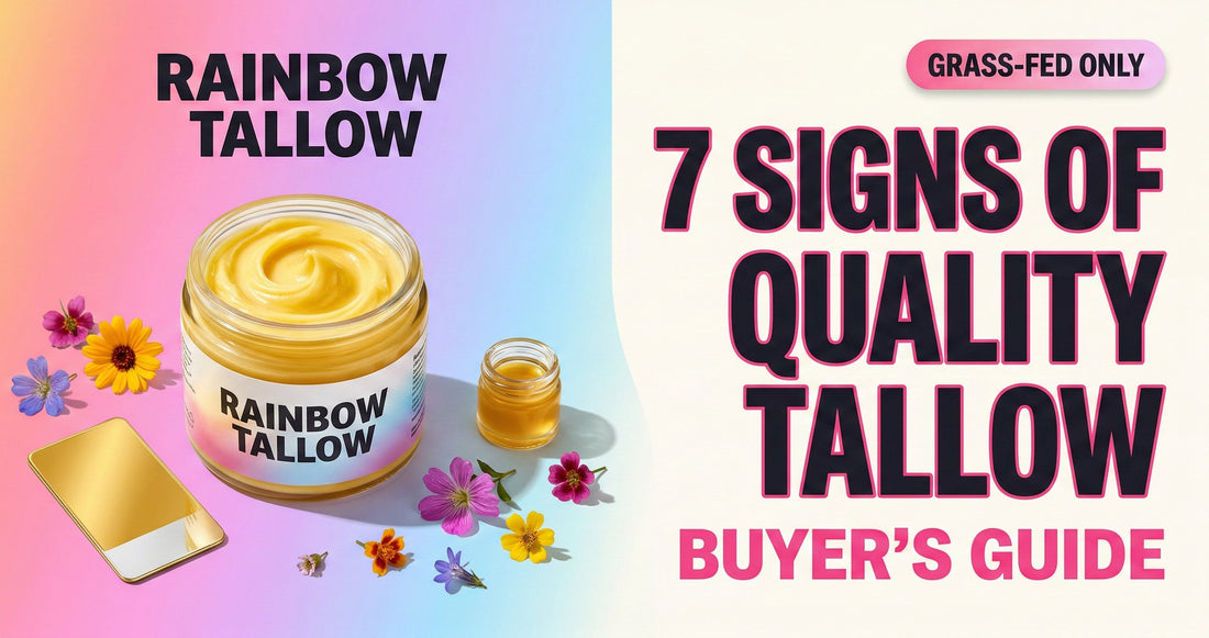 Rainbow Tallow glass jar with golden whipped tallow beside quality indicators — botanical ingredients and grass-fed sourcing signals for buying premium rainbow tallow skincare
