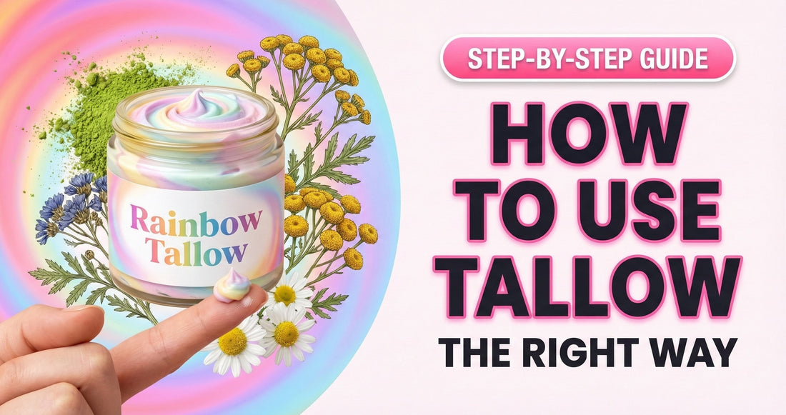 Fingertip with pea-sized amount of Rainbow Tallow whipped balm beside open jar — illustrating the correct amount and technique for applying beef tallow to the face