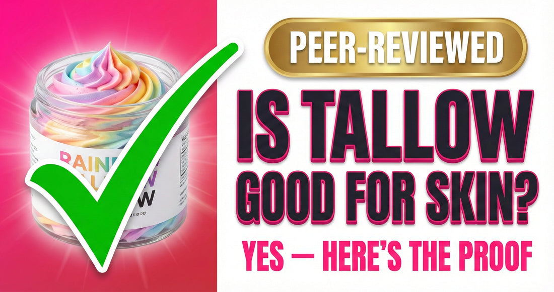 Colorful Rainbow Tallow jar with bold green checkmark — evidence-based answer to is beef tallow good for skin, covering barrier repair, vitamins, and anti-inflammatory benefits
