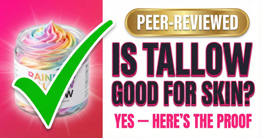 Colorful Rainbow Tallow jar with bold green checkmark — evidence-based answer to is beef tallow good for skin, covering barrier repair, vitamins, and anti-inflammatory benefits