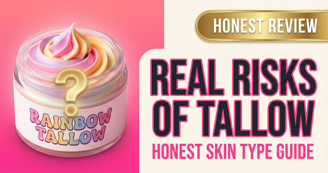 Rainbow Tallow jar beside honest risk assessment infographic — skin type guide for who should and shouldn't use beef tallow skincare