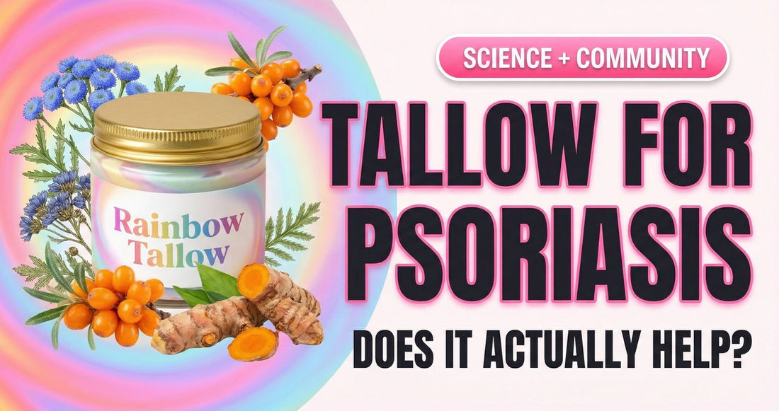 Rainbow Tallow jar surrounded by Blue Tansy flowers, Sea Buckthorn berries, and turmeric — the anti-inflammatory botanicals that make this formula uniquely suited to psoriatic skin support