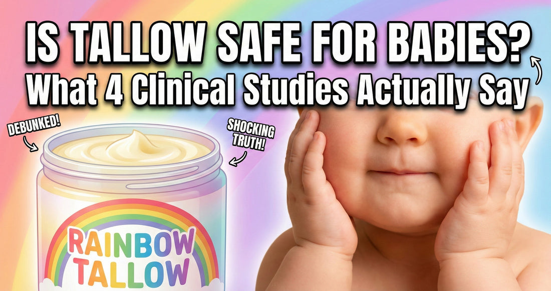 Blog thumbnail showing Rainbow Tallow jar alongside text about safe baby skincare with sea buckthorn and grass-fed tallow benefits