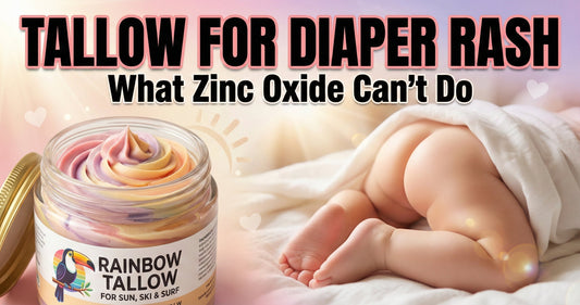 Rainbow Tallow balm jar beside healthy baby skin, showing grass-fed tallow as a natural diaper rash remedy