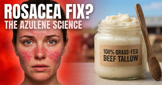 Rainbow Tallow Blue Tansy whipped balm beside glowing calm skin — natural tallow for rosacea treatment and redness reduction