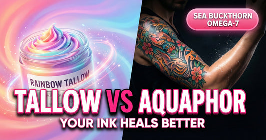 Rainbow Tallow jar beside a vibrant healed tattoo sleeve — natural grass-fed tallow aftercare outperforms Aquaphor for tattoo healing