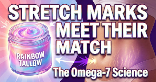 Rainbow Tallow whipped tallow jar with sea buckthorn botanical ingredient for natural stretch mark prevention and skin regeneration