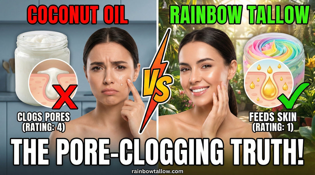 Comparison chart showing Coconut Oil (Comedogenic Rating 4 - High Risk) vs Rainbow Tallow (Comedogenic Rating 1 - Safe). Visual shows coconut oil sitting on top of skin while tallow absorbs into the pore.