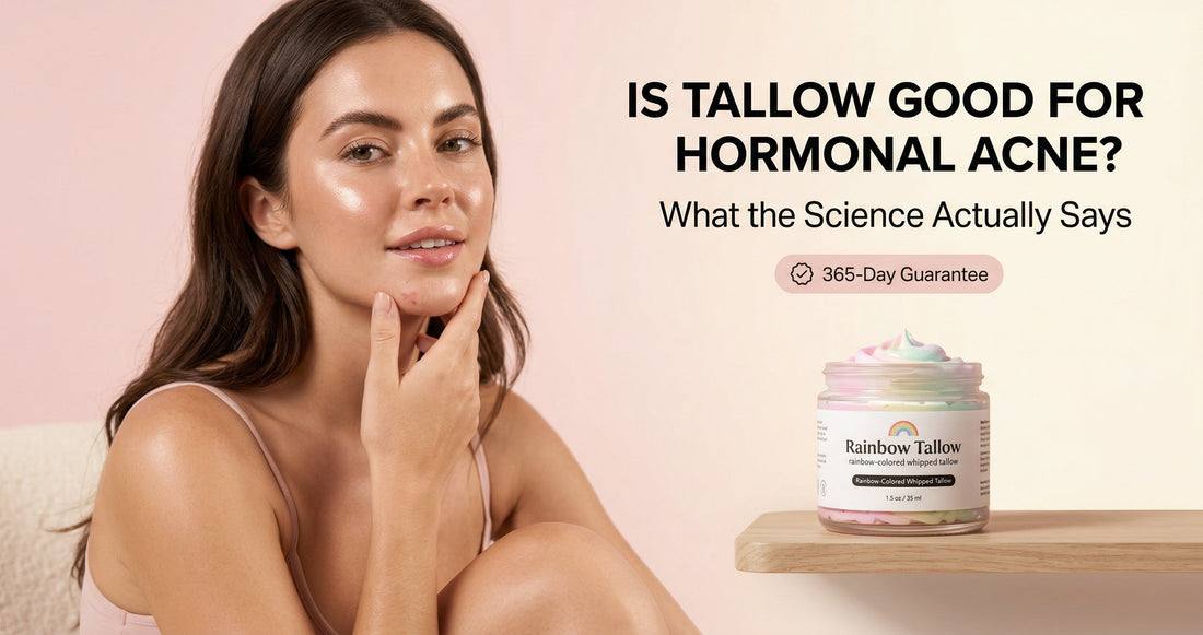 Woman touching her jawline with clear skin holding a Rainbow Tallow whipped tallow jar — natural solution for hormonal acne