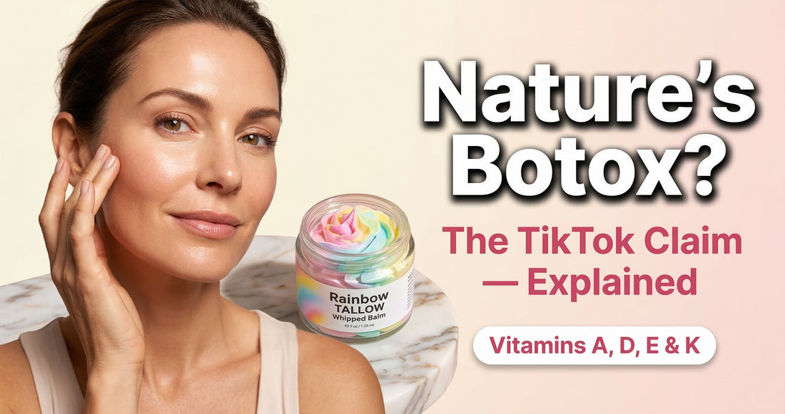 Woman with radiant youthful skin looking at camera touching her cheek next to an open Rainbow Tallow jar — thumbnail for is tallow nature's botox blog