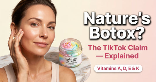 Woman with radiant youthful skin looking at camera touching her cheek next to an open Rainbow Tallow jar — thumbnail for is tallow nature's botox blog