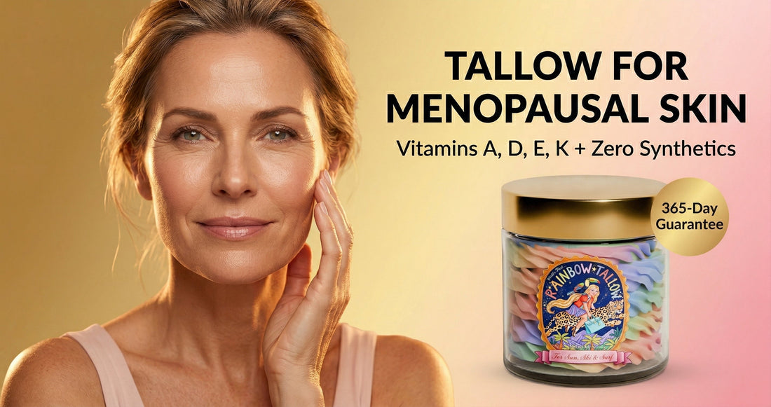 Confident woman in her early 50s with glowing skin looking at camera holding Rainbow Tallow whipped tallow jar natural skincare for menopausal skin changes