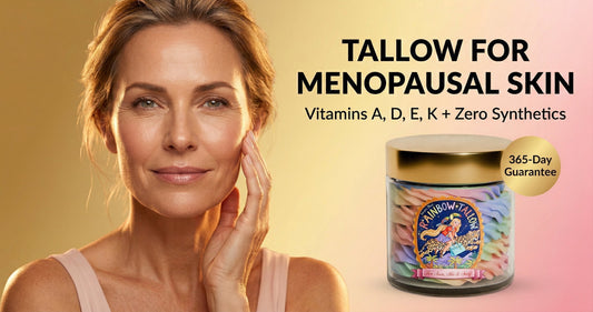 Confident woman in her early 50s with glowing skin looking at camera holding Rainbow Tallow whipped tallow jar natural skincare for menopausal skin changes