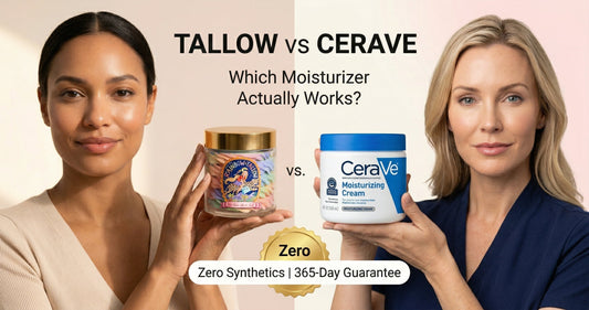 Woman looking directly at camera with glowing skin holding Rainbow Tallow whipped tallow jar — natural alternative to CeraVe moisturizer comparison