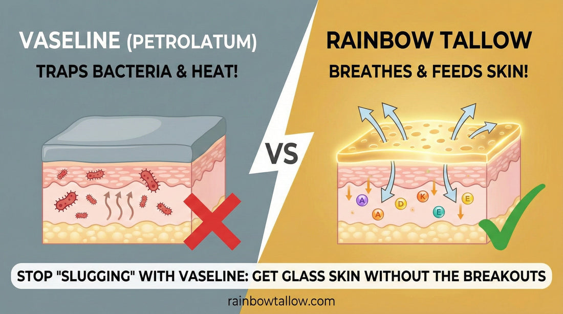 Comparison diagram of skin cross-section. Left: "Vaseline" creating a solid grey wall that traps heat and bacteria. Right: "Rainbow Tallow" creating a golden barrier with arrows showing oxygen exchange (breathability).